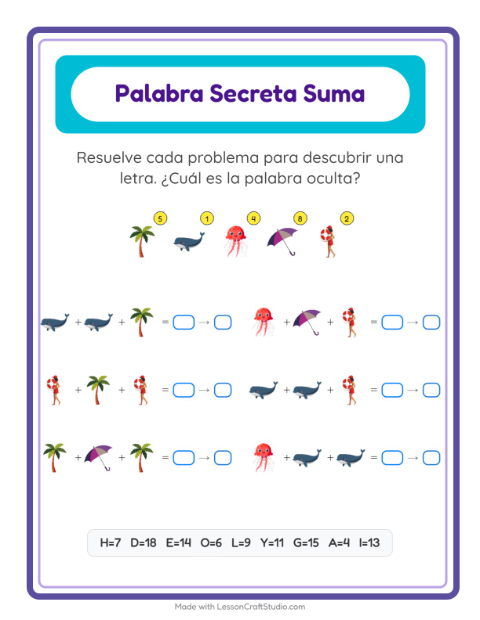 Vista previa de la hoja de Suma Codificada con Playa para jardín infantil