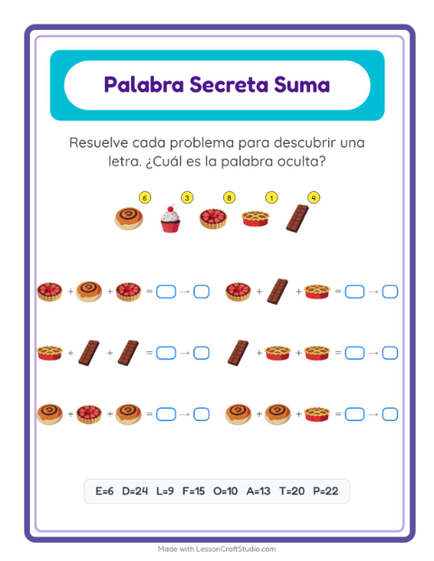 Vista previa de la hoja de Suma Codificada con Postres y dulces para jardín infantil