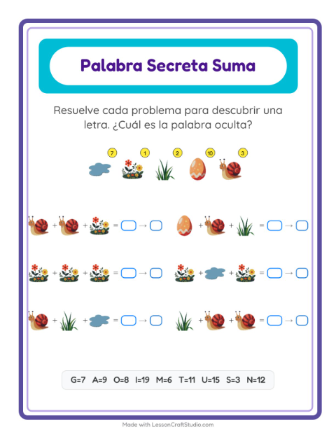 Vista previa de la hoja de Suma Codificada con Primavera para jardín infantil