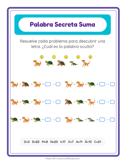 Vista previa de la hoja de Suma Codificada con Reptiles y anfibios para jardín infantil
