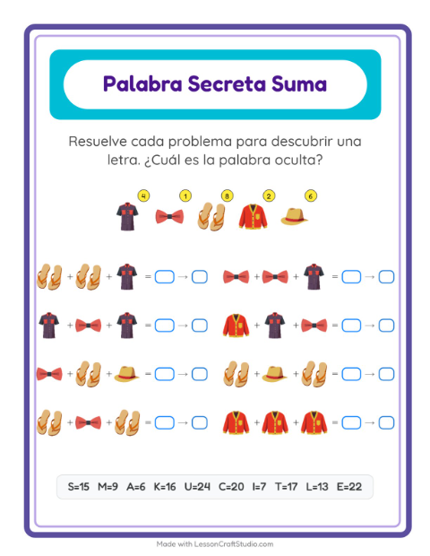 Vista previa de la hoja de Suma Codificada con Ropa para jardín infantil