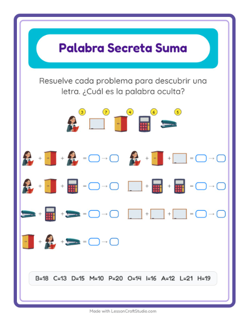 Vista previa de la hoja de Suma Codificada con Salón de clases para jardín infantil