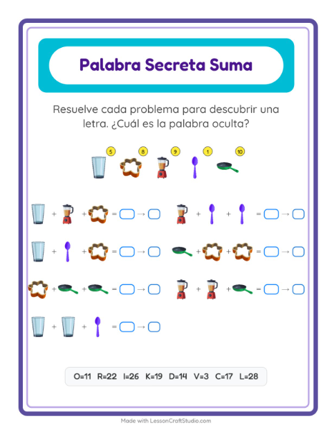 Vista previa de la hoja de Suma Codificada con Utensilios de cocina para jardín infantil