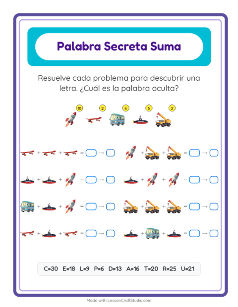 Vista previa de la hoja de Suma Codificada con Vehículos para jardín infantil