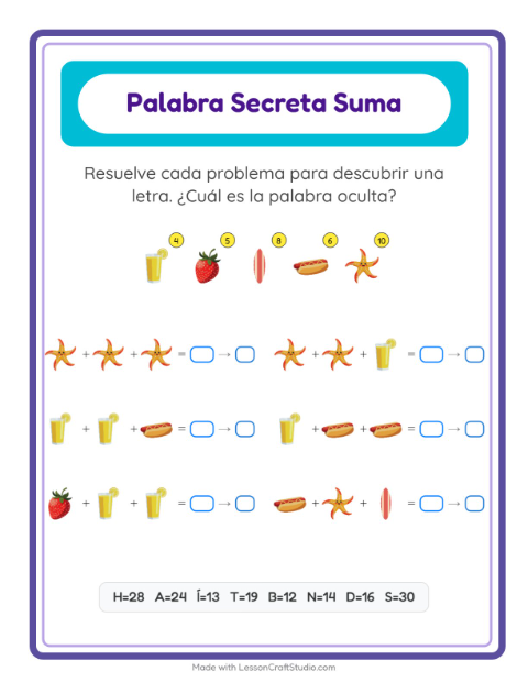 Vista previa de la hoja de Suma Codificada con Verano para jardín infantil