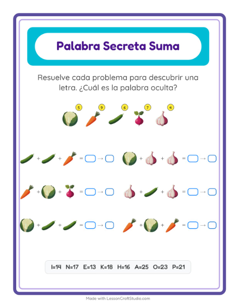 Vista previa de la hoja de Suma Codificada con Verduras para jardín infantil