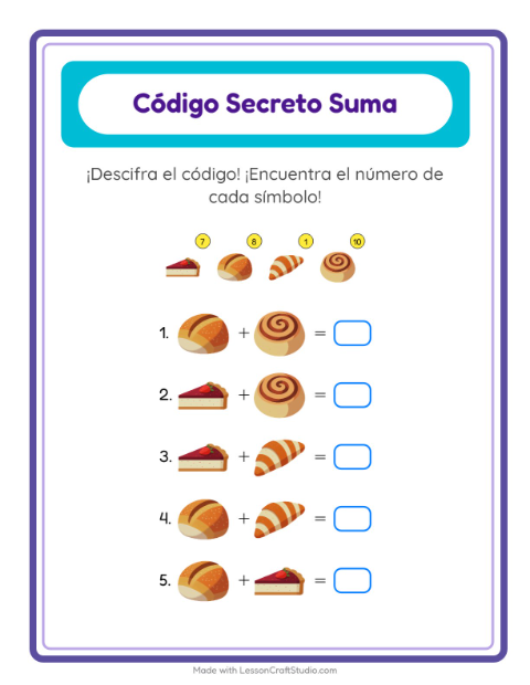 Vista previa de la hoja de Suma Codificada con Panadería para jardín infantil