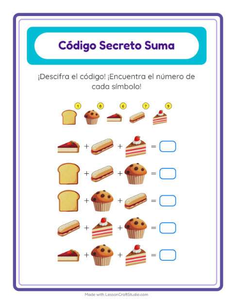 Vista previa de la hoja de Suma Codificada con Panadería para jardín infantil