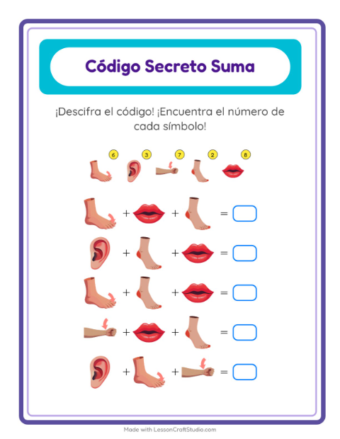 Vista previa de la hoja de Suma Codificada con Partes del cuerpo para jardín infantil