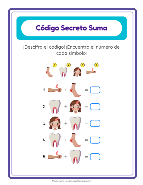 Vista previa de la hoja de Suma Codificada con Partes del cuerpo para jardín infantil