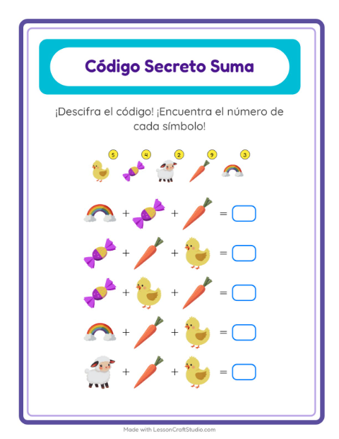 Vista previa de la hoja de Suma Codificada con Pascua para jardín infantil
