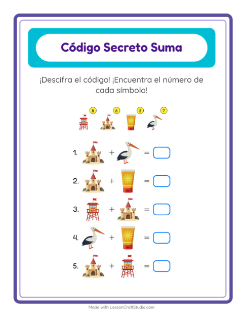 Vista previa de la hoja de Suma Codificada con Playa para jardín infantil