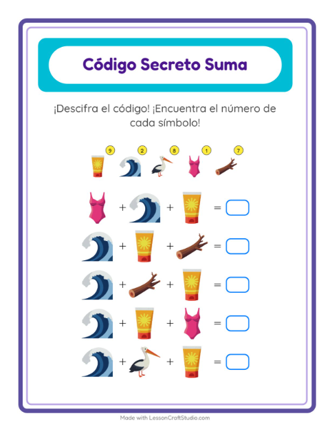 Vista previa de la hoja de Suma Codificada con Playa para jardín infantil