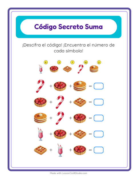 Vista previa de la hoja de Suma Codificada con Postres y dulces para jardín infantil
