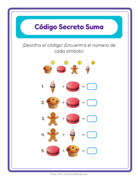 Vista previa de la hoja de Suma Codificada con Postres y dulces para jardín infantil