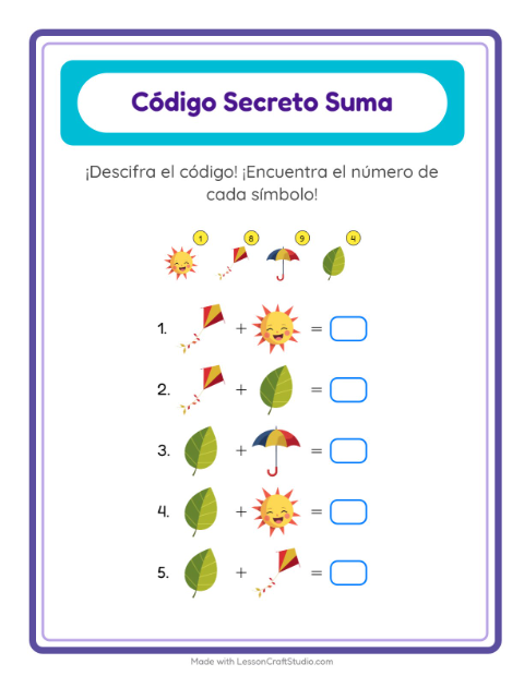 Vista previa de la hoja de Suma Codificada con Primavera para jardín infantil