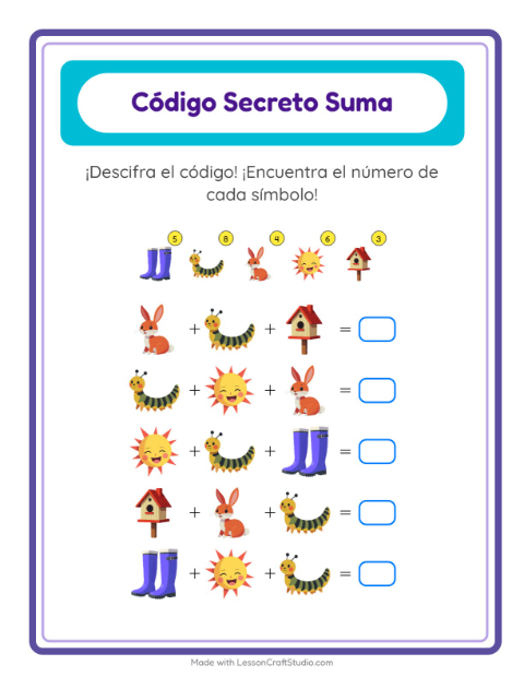 Vista previa de la hoja de Suma Codificada con Primavera para jardín infantil