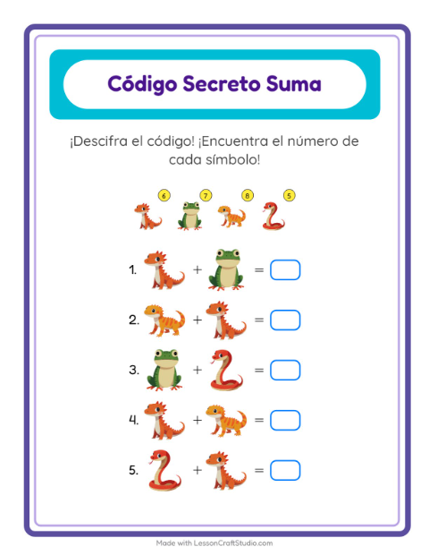 Vista previa de la hoja de Suma Codificada con Reptiles y anfibios para jardín infantil