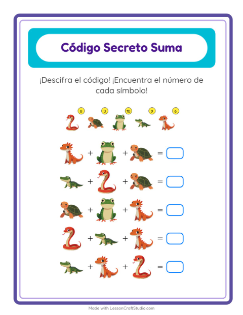 Vista previa de la hoja de Suma Codificada con Reptiles y anfibios para jardín infantil