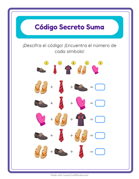 Vista previa de la hoja de Suma Codificada con Ropa para jardín infantil