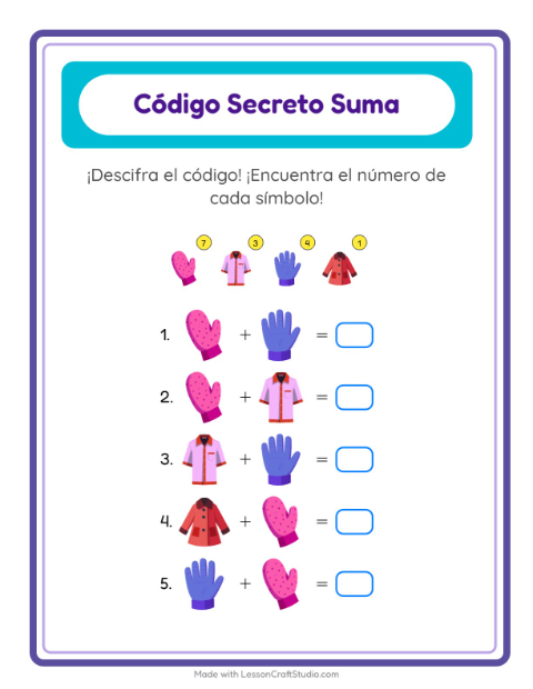 Vista previa de la hoja de Suma Codificada con Ropa para jardín infantil