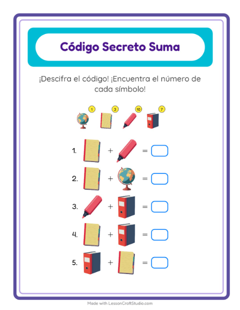 Vista previa de la hoja de Suma Codificada con Salón de clases para jardín infantil