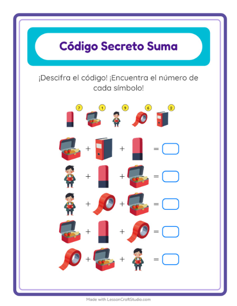 Vista previa de la hoja de Suma Codificada con Salón de clases para jardín infantil