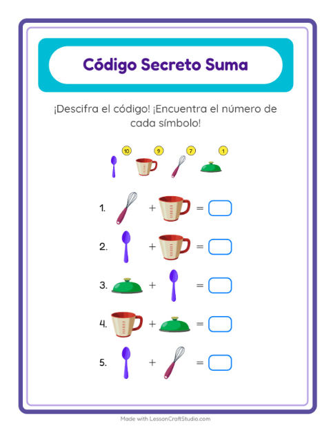 Vista previa de la hoja de Suma Codificada con Utensilios de cocina para jardín infantil