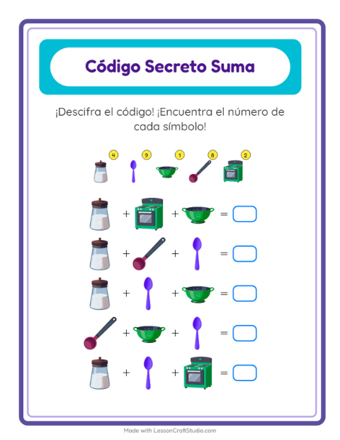 Vista previa de la hoja de Suma Codificada con Utensilios de cocina para jardín infantil