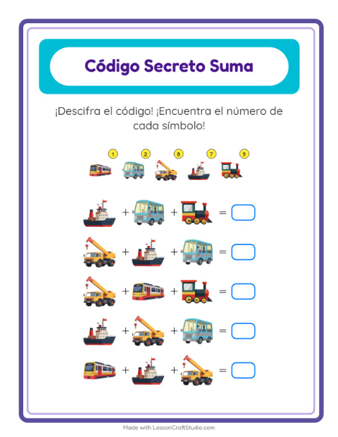 Vista previa de la hoja de Suma Codificada con Vehículos para jardín infantil