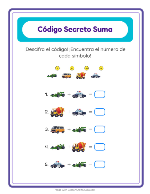 Vista previa de la hoja de Suma Codificada con Vehículos para jardín infantil
