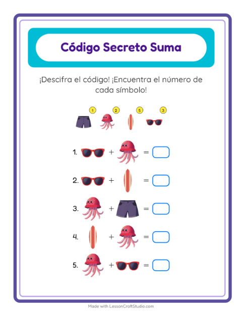 Vista previa de la hoja de Suma Codificada con Verano para jardín infantil