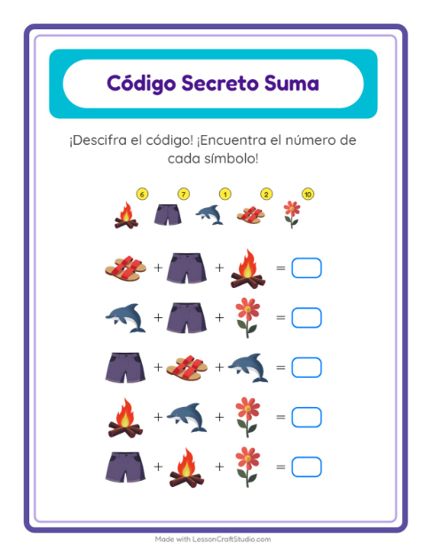 Vista previa de la hoja de Suma Codificada con Verano para jardín infantil
