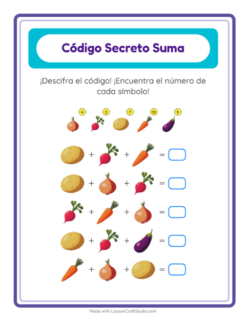 Vista previa de la hoja de Suma Codificada con Verduras para jardín infantil