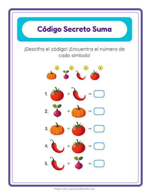 Vista previa de la hoja de Suma Codificada con Verduras para jardín infantil