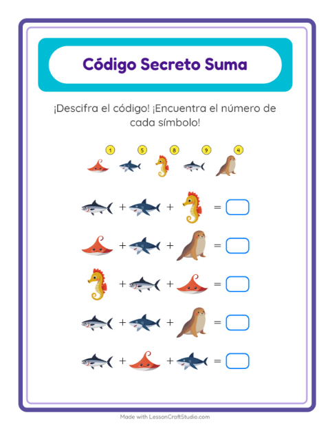 Vista previa de la hoja de Suma Codificada con Vida marina para jardín infantil