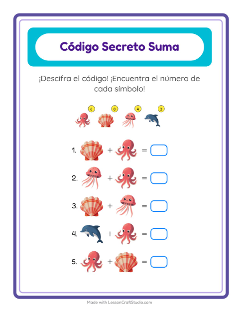 Vista previa de la hoja de Suma Codificada con Vida marina para jardín infantil