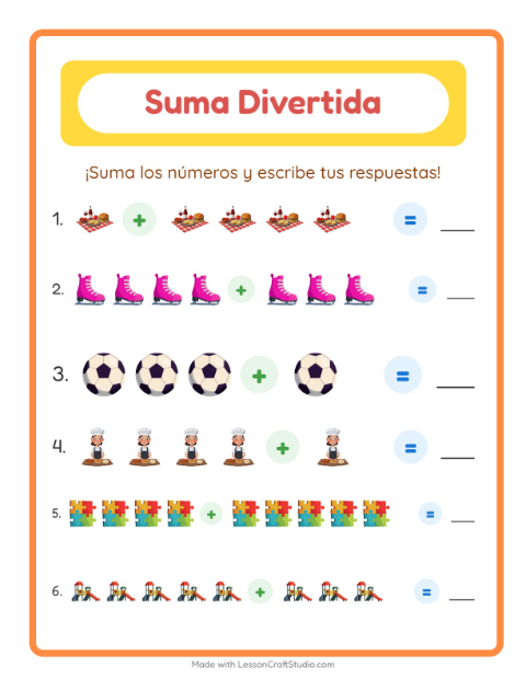 Vista previa de la hoja de Suma con Actividades para jardín infantil