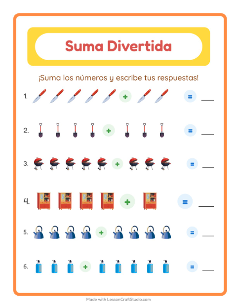 Vista previa de la hoja de Suma con Alrededor de la casa para jardín infantil
