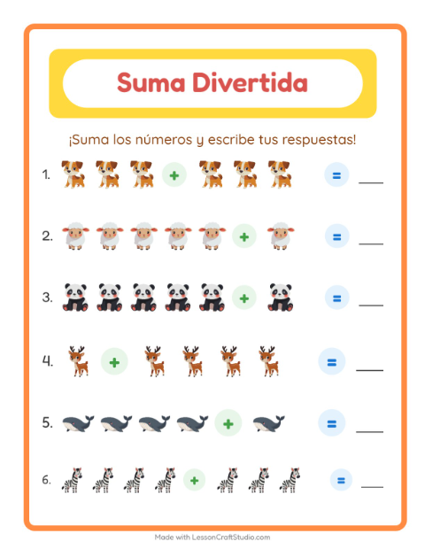 Vista previa de la hoja de Suma con Animales para jardín infantil
