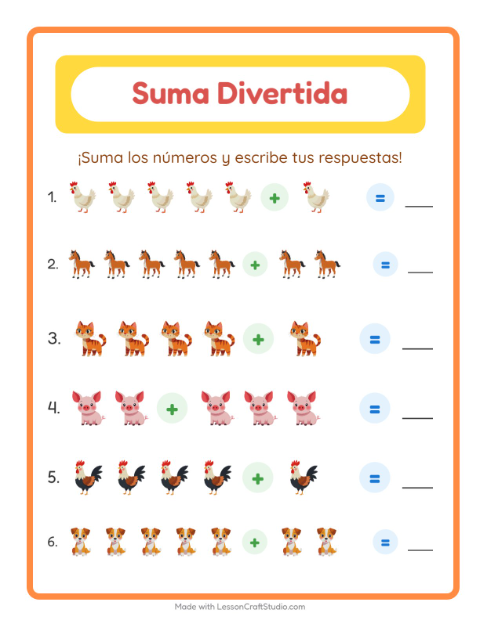 Vista previa de la hoja de Suma con Animales de granja para jardín infantil