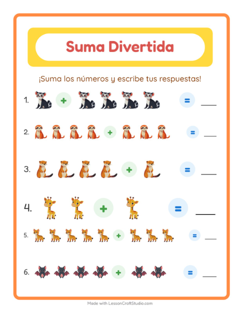 Vista previa de la hoja de Suma con Animales del zoológico para jardín infantil