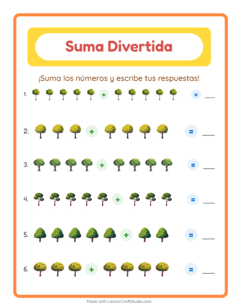 Vista previa de la hoja de Suma con Árboles para jardín infantil