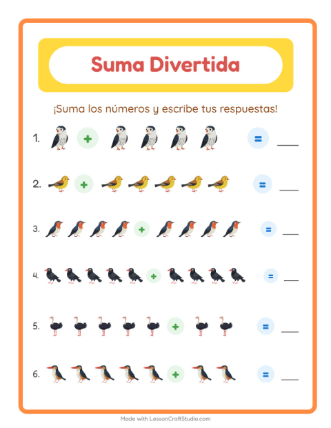Vista previa de la hoja de Suma con Aves 2 para jardín infantil