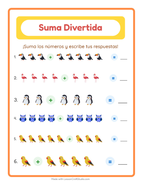 Vista previa de Sumas con Aves: Cuenta los Dos Grupos de Dibujos para Hallar el Total