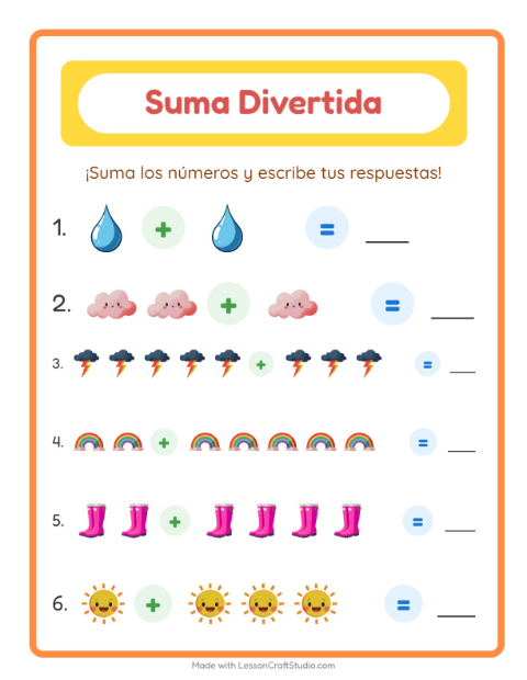 Vista previa de la hoja de Suma con Clima para jardín infantil