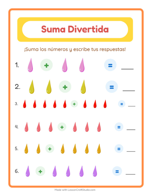 Vista previa de la hoja de Suma con Colores para jardín infantil
