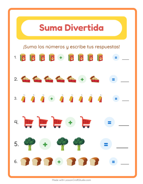 Vista previa de la hoja de Suma con En el supermercado para jardín infantil