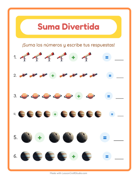 Vista previa de la hoja de Suma con Espacio para jardín infantil
