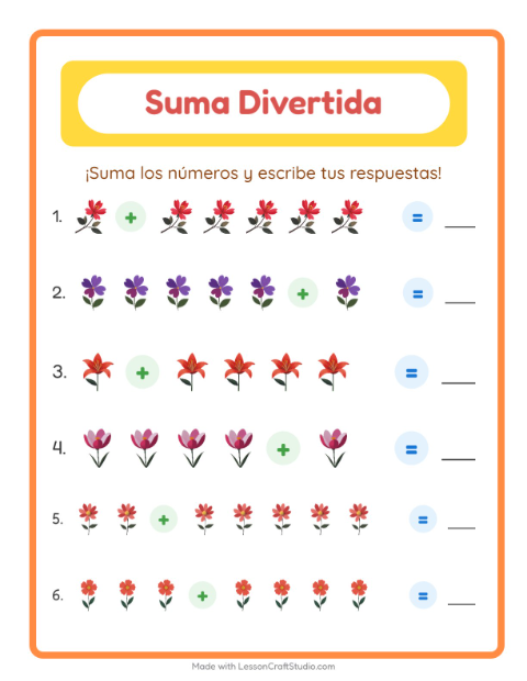 Vista previa de la hoja de Suma con Flores para jardín infantil